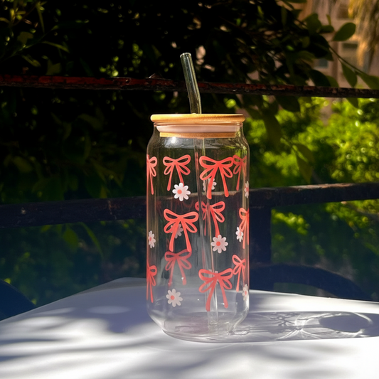 Coquette Charm: Ribbon & Daisy Glass Can