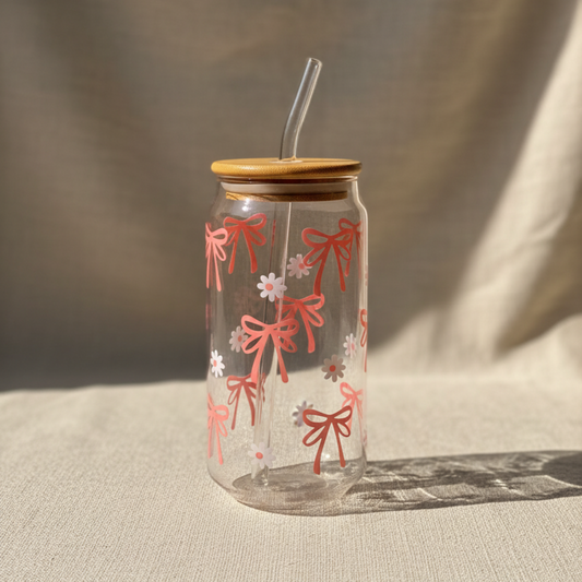 Coquette Charm: Ribbon &amp; Daisy Glass Can